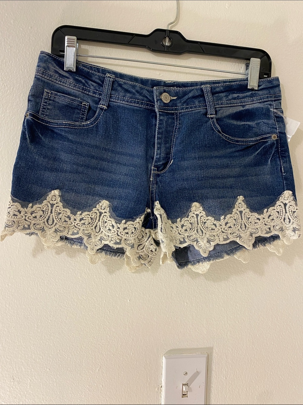 Imperial Star Blue Denim Shorts with Cream Lace Trim